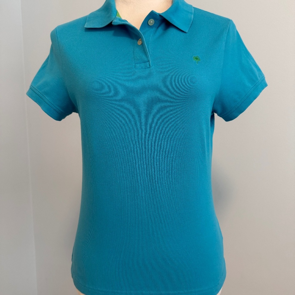 LILLY PULITZER Island Azure‎ Blue Lime Logo Cotton Polo Shirt Size L